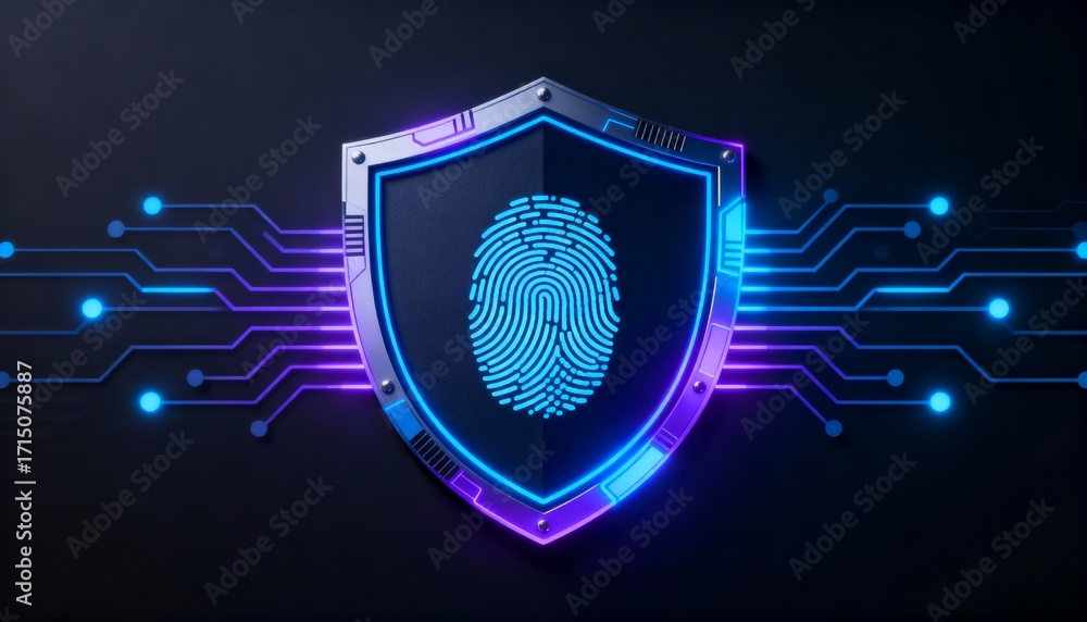 Poster shield icon with a fingerprint in the center, biometric security system interface, glowing circuits,
