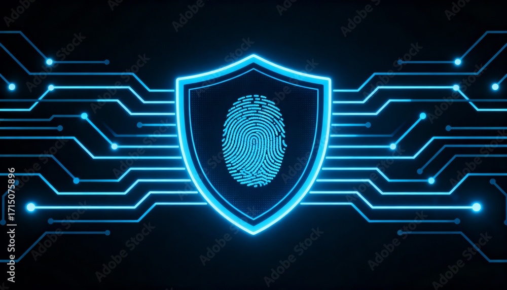 Aufkleber shield icon with a fingerprint in the center, biometric security system interface, glowing circuits,