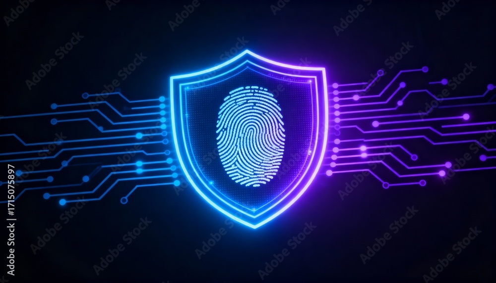 Poster shield icon with a fingerprint in the center, biometric security system interface, glowing circuits,