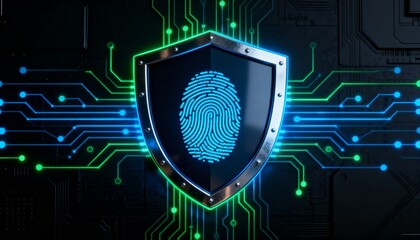 shield icon with a fingerprint in the center, biometric security system interface, glowing circuits, cyber protection, dark theme, privacy technology