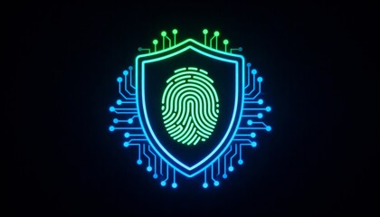 shield icon with a fingerprint in the center, biometric security system interface, glowing circuits, cyber protection, dark theme, privacy technology