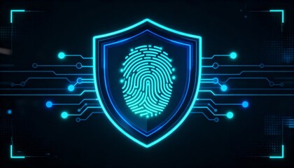 shield icon with a fingerprint in the center, biometric security system interface, glowing circuits, cyber protection, dark theme, privacy technology