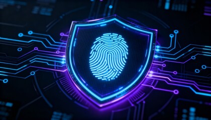 shield icon with a fingerprint in the center, biometric security system interface, glowing circuits, cyber protection, dark theme, privacy technology