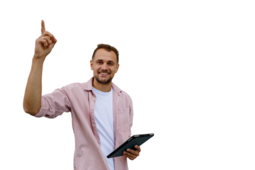 Smiling man holding a tablet pointing up having an idea, suggesting innovation and success with a transparent background