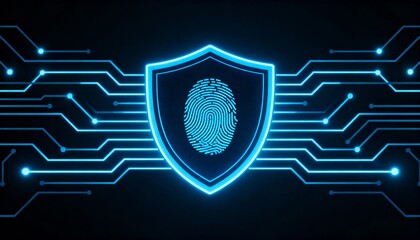 shield icon with a fingerprint in the center, biometric security system interface, glowing circuits, cyber protection, dark theme, privacy technology