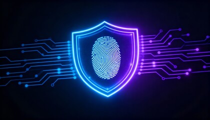 shield icon with a fingerprint in the center, biometric security system interface, glowing circuits, cyber protection, dark theme, privacy technology