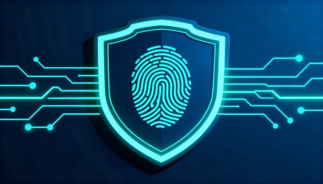 shield icon with a fingerprint in the center, biometric security system interface, glowing circuits, cyber protection, dark theme, privacy technology