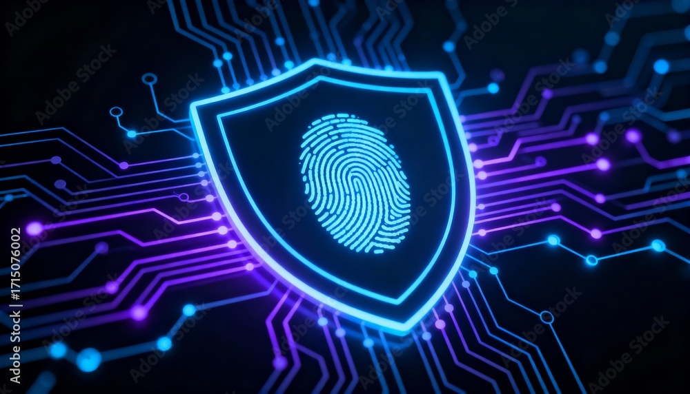 Poster shield icon with a fingerprint in the center, biometric security system interface, glowing circuits,