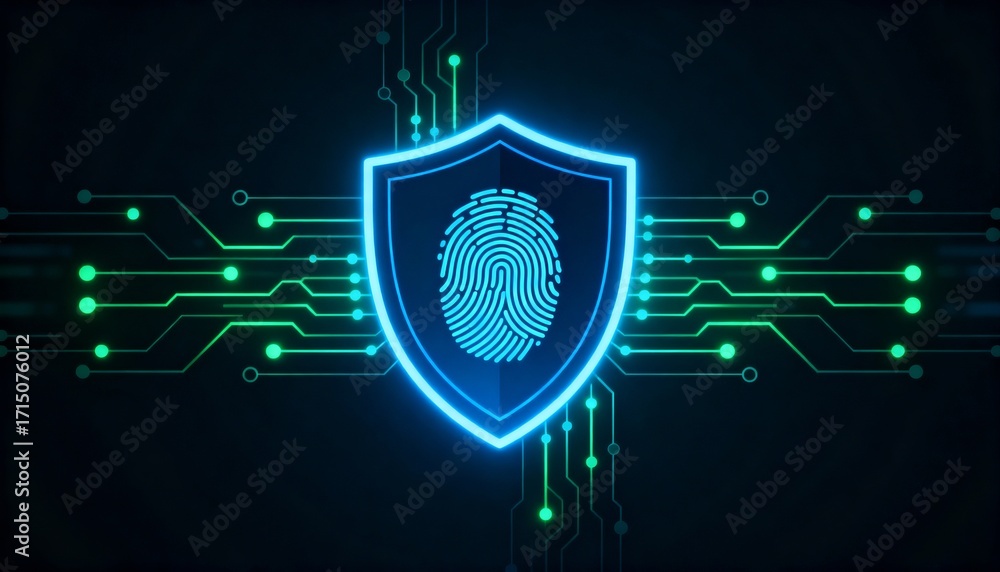 Poster shield icon with a fingerprint in the center, biometric security system interface, glowing circuits,