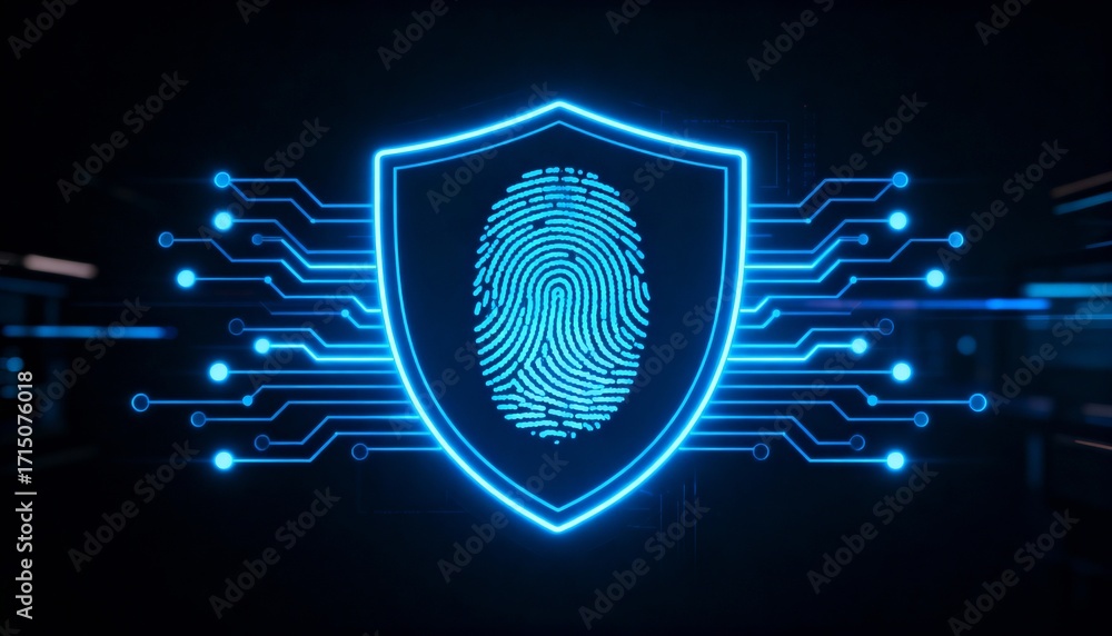 Aufkleber shield icon with a fingerprint in the center, biometric security system interface, glowing circuits,