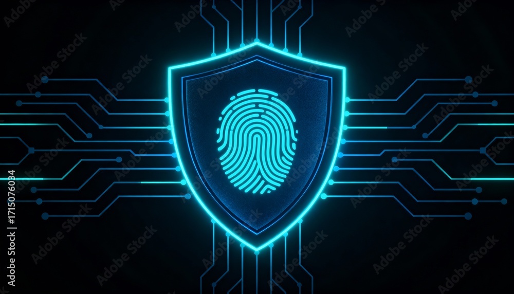 Poster shield icon with a fingerprint in the center, biometric security system interface, glowing circuits,