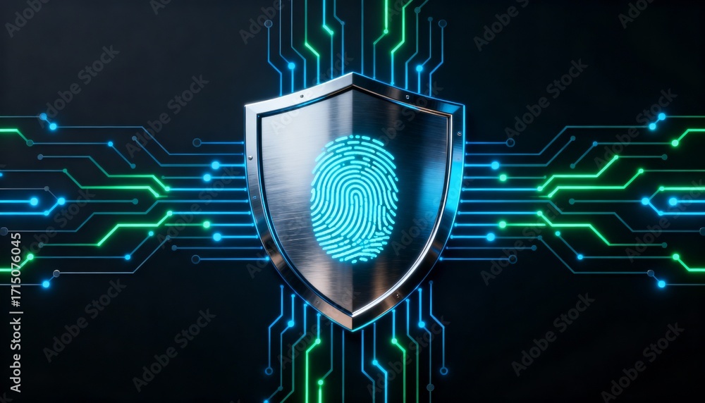 Poster shield icon with a fingerprint in the center, biometric security system interface, glowing circuits,