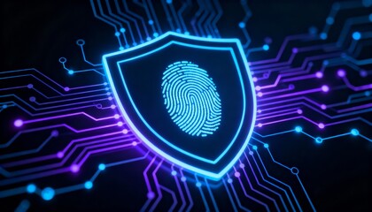 shield icon with a fingerprint in the center, biometric security system interface, glowing circuits, cyber protection, dark theme, privacy technology