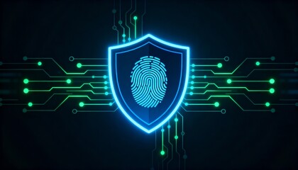 shield icon with a fingerprint in the center, biometric security system interface, glowing circuits, cyber protection, dark theme, privacy technology