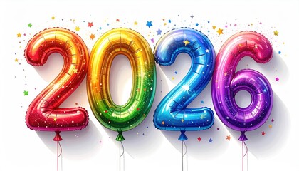 Rainbow foil balloons forming the number 2026, against a white background, with confetti and subtle shadows