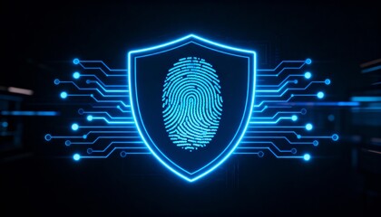 shield icon with a fingerprint in the center, biometric security system interface, glowing circuits, cyber protection, dark theme, privacy technology