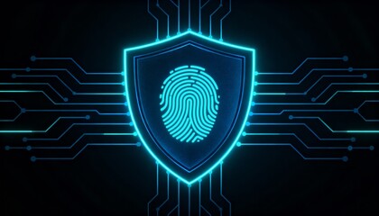 shield icon with a fingerprint in the center, biometric security system interface, glowing circuits, cyber protection, dark theme, privacy technology