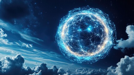 Global network sphere against a starry night sky.