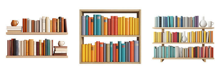 Set of A modern wooden bookshelf on transparent png background. Ai generated