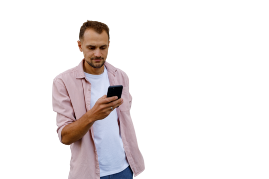 Young man using smartphone, connecting with people, browsing social media, or texting, with a transparent background