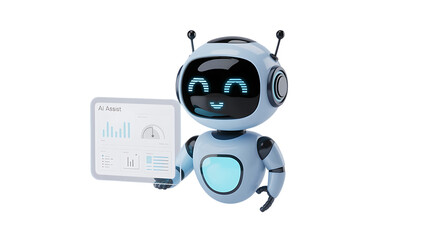Friendly AI assistant presenting data insights with futuristic interface and helpful digital display
