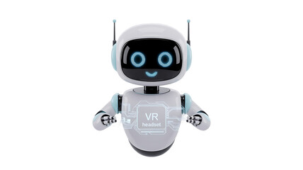 Friendly futuristic robot with VR headset display, showcasing virtual reality technology and innovation