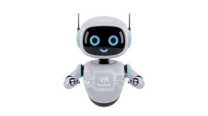 Friendly futuristic robot with VR headset display, showcasing virtual reality technology and innovation