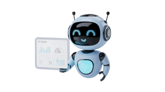 Friendly AI assistant presenting data insights with futuristic interface and helpful digital display