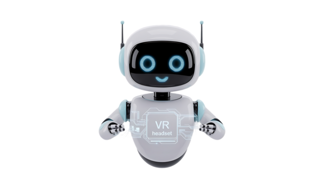 Friendly futuristic robot with VR headset display, showcasing virtual reality technology and innovation
