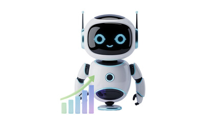 Cute robot showing positive business growth chart for financial AI solutions and automation