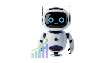 Cute robot showing positive business growth chart for financial AI solutions and automation