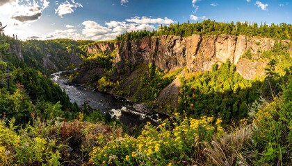 Panoramic view of a river canyon with colorful fall foliage