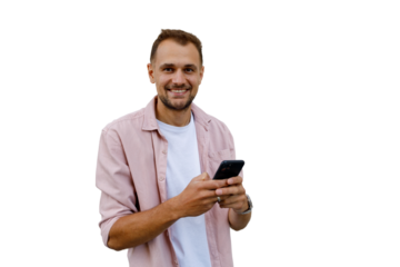 Smiling man communicating using smartphone, sending message, connecting online with transparent background