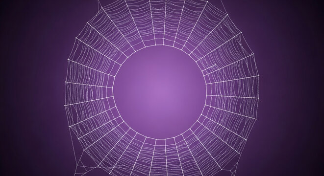 Close-up of a spiderweb against a purple background, showcasing intricate radial design and dewdrop details symbolizing fragility, patience, and nature's artistry, ideal for Halloween or nature themes