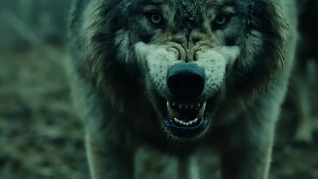 Fierce Wolf Bares Teeth: Dramatic Close-Up in Forest