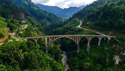 A grand arch bridge spanning a lush valley