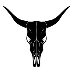 Longhorn cattle skull silhouette icon black and white vector graphic. Clipart image isolated on background.