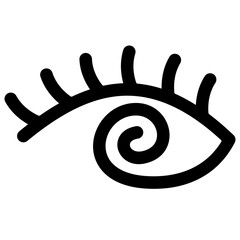 Abstract eye icon with spiral pupil and eyelashes in black line art style. Clipart image isolated on background.