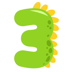 Green dinosaur themed number three with yellow spikes design for kids birthday invitation. Clipart image isolated on background.