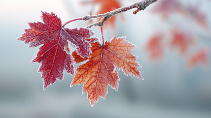 霜をまとった紅葉の枝が淡い朝色に溶ける景色