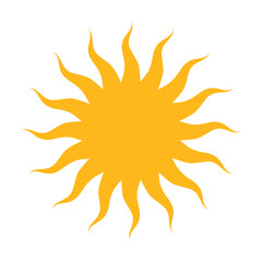 Bright yellow sun icon with dynamic rays. Clipart image isolated on background.