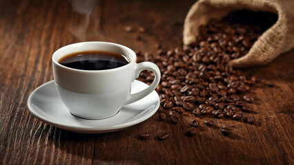 Obraz premium A steaming cup of black coffee in a classic white ceramic cup with saucer, placed on rustic wooden table