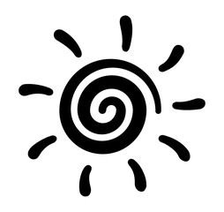 Black and white spiral sun icon with abstract rays. Clipart image isolated on background.