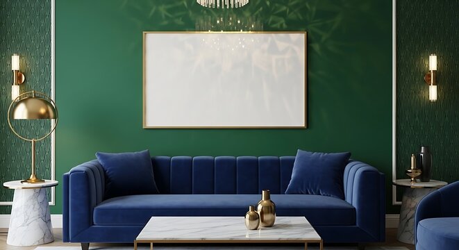 Luxurious modern living room with deep blue sofa and lush green tropical wallpaper