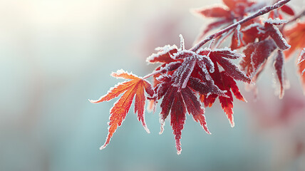 霜をまとった紅葉の枝が淡い朝色に溶ける景色