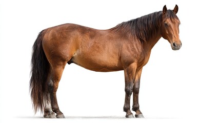 Obraz premium Majestic brown horse standing confidently against a clean white background, showcasing powerful build and sleek coat