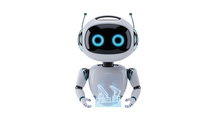 Friendly robot assisting with manufacturing operations, offering guidance and support with futuristic design