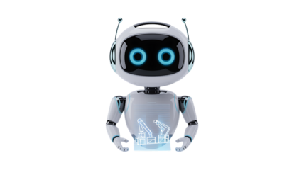 Friendly robot assisting with manufacturing operations, offering guidance and support with futuristic design