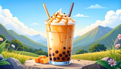 Caramel bubble tea in a glass cup on a rocky outcrop against a scenic mountain landscape