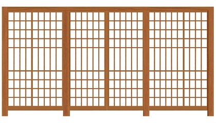 Four-panel sliding wood door, light brown, with a gridded lattice pattern framed by thicker wood.  Bottom shows a thicker base